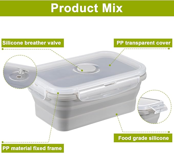 Mifoci Set of 8 Silicone Collapsible Food Storage Containers 17 oz Collapsible Meal Prep Container Square Bowl with Vent Lids, Microwave, Freezer and Dishwasher Safe(Gray)