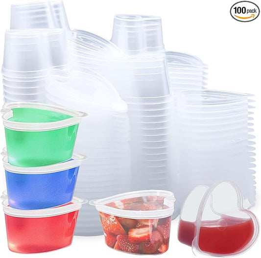 100 Sets 2 1/3 oz Heart Shaped Jello Shot Cups with Lids, Small Condiment Containers, Disposable Portion Cups, Plastic Souffle Cup, Mini Sample Tasting Cups, Dipping Sauce Cup To Go Bowls, Clear