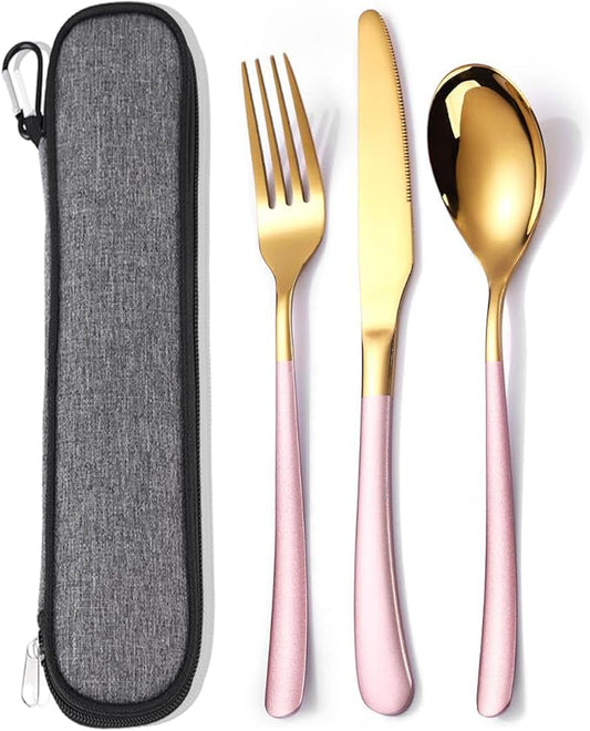 MURRI&MURRDI Stainless Steel Cutlery Set for 1, Reusable Flatware Set with Case, Cutlery Set for Work Stainless Steel Knife Fork Spoon Set 3 Piece (B- 3 Pink Gold)