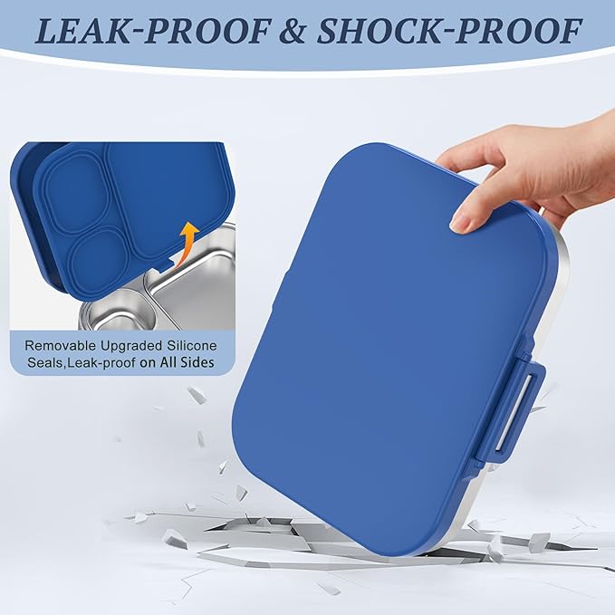Stainless Steel Lunch Box, Leak-Proof with free sealing Bento Box 3 Compartments, Metal Lunchbox for Travel & Work, Eco-Friendly Meal Storage Solution Blue