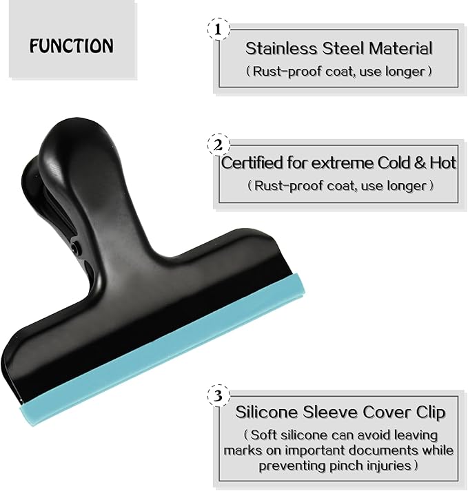 HOUSE AGAIN 12 Pack Stainless Steel Chip Bag Clips Covered with Blue Silicone - NO More Sharp Edges - Color Coded for Food Bags - Air Tight Seal, Heavy Duty for Kitchen and Office, 3 Inches-Black