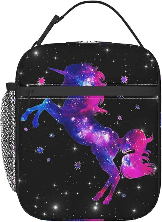 YETTA YANG Galaxy Star Unicorn Black Portable Lunch Bag Insulated Lunch Box Reusable Totes For Women Men Work Picnic Camping
