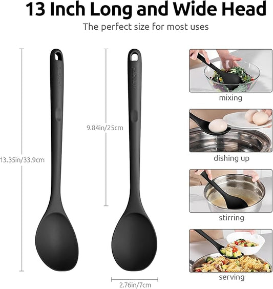 18/8 Stainless Steel Measuring Spoons Set for Dry and Liquid Ingredients (Set of 8), and 600℉ Heat Proof Long Non-Scratch Silicone Solid & Slotted Set of 2 Cooking Spoon for Mixing (Black)