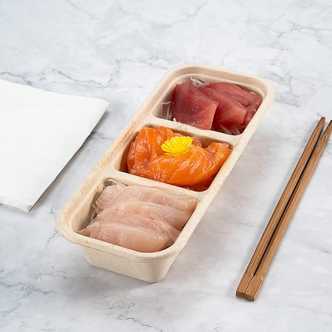 Restaurantware Pulp Tek 9.2 x 3.8 x 1.8 Inch Takeaway Food Boxes 100 Microwavable Take Out Containers - Lids Sold Separately Freezable Bagasse Catering Food Containers 3 Compartments 17 Ounces