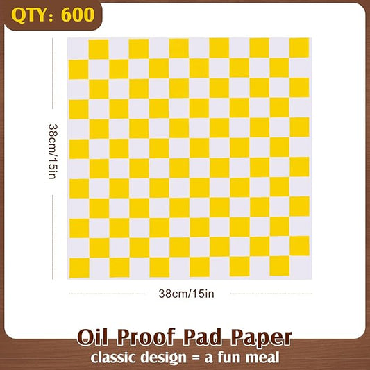 Honeydak 600 Pcs Sandwich Wrapping Paper Sheet 15x15 Checkered Food Wax Sheets Parchment Paper Basket Liner Grease Restaurant Wedding Party Supplies for Wrapping Bread Burgers(Yellow)