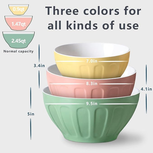 Lareina Ceramic Mixing Bowls for Kitchen, 3-Piece Large Colorful Serving Bowls, 3.13/1.68/1.18 Qt Deep Microwaveable Nesting Bowl, Stackable and Functional, Ideal Gift