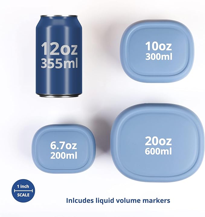 BLUE GINKGO Nesting Silicone Containers - Set of 3 Hard-Shell Silicone Food Storage Containers | BPA Free, Airtight, Dishwasher and Freezer Safe (6.7oz, 10oz, 20oz) - Blue