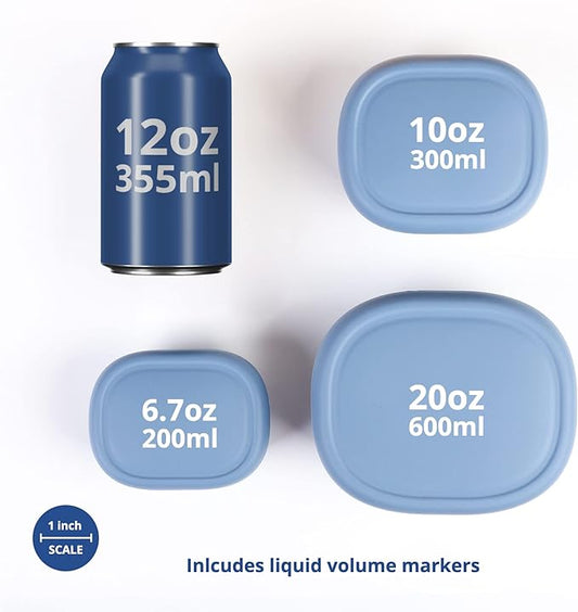 BLUE GINKGO Nesting Silicone Containers - Set of 3 Hard-Shell Silicone Food Storage Containers | BPA Free, Airtight, Dishwasher and Freezer Safe (6.7oz, 10oz, 20oz) - Blue