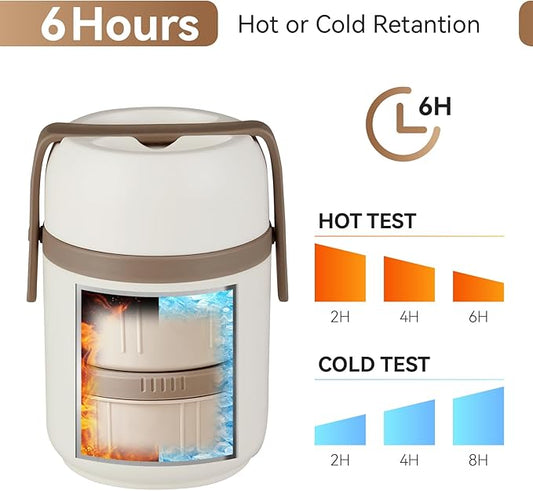 51 oz Adults Vacuum Insulated Wide Mouth Soup Food Thermos Hot Food Jar with Keep Thermal Portable 2 Tier Stackable Bento Hot Food Containers Lunch Boxes (White, 51)