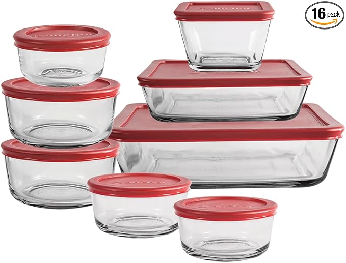 Anchor Hocking 16 Piece Glass Storage Containers with Lids (8 Glass Food Storage Containers & 8 Red SnugFit Lids)