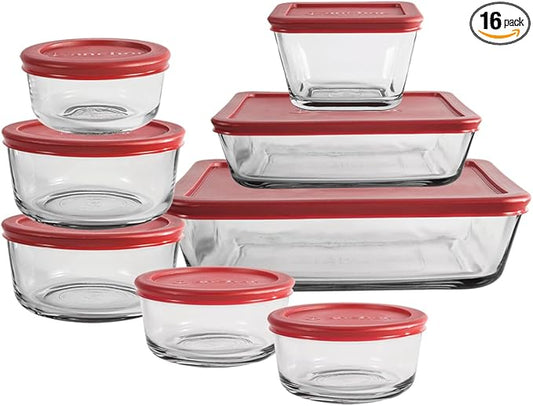 Anchor Hocking 16 Piece Glass Storage Containers with Lids (8 Glass Food Storage Containers & 8 Red SnugFit Lids)