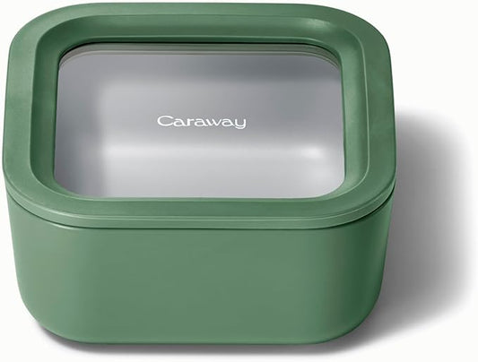 Caraway Glass Food Storage - 4.4 Cup Glass Container - Ceramic Coated Food Container - Non Toxic, Non Stick Lunch Box Container with Glass Lids. Dishwasher, Oven, & Microwave Safe - Sage