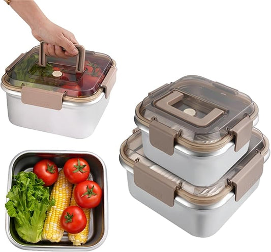 Food Storage Containers Outdoor 304 Stainless Steel Crisper Box Refrigerator Freezer Storage Box Fruit Seal Box Microwave Oven Heat-resistant (1600+2800ML)