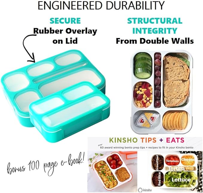 Bento Lunch-Box Set for Kids includes Snack Container | 6 and 3 Compartment Boxes Leakproof School Bentos or Meal Portion Control Containers BPA Free, Boys Girls Adults, Teal Large + MINI 2 pack