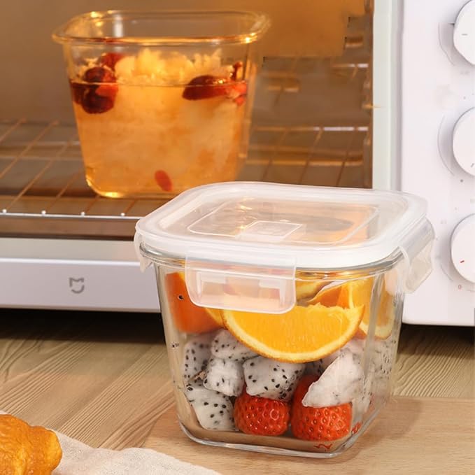 Square Glass Food Storage Containers, 4 Cup Glass Soup Container with Airtight Lids, Food Meal Prep Bowls, Storage Jars for Salad and Fruit, Oven、Microwave、Dishwasher Safe (4 Pack)