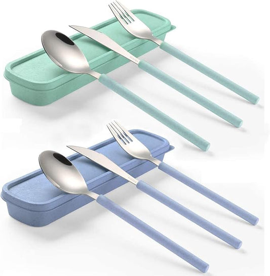 Portable Home Utensils Reusable Flatware Set with Case, Stainless Steel Metal Travel Cutlery Lunch Tableware 2 Fork 2 Spoon 2 Knife with Colored Handle(Fork Spoon Knife 2 sets, Green+Blue)
