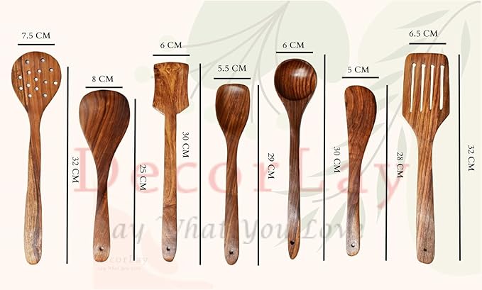 7 Pcs Natural Sheesham Wooden Kitchen Utensil Set with Spoon Rest - Smooth Finish & Soft Comfort-Grip Wood Spoons for Cooking - Nonstick Serving Cookware Kitchen Gift Set - 35.56 Cm