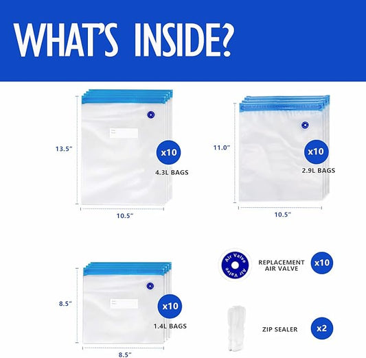 VICARKO 30 Vacuum Zipper Bags, Vacuum Sealer Bags, Food Storage, Reusable Bags, with Double Layers, BPA Free, Combo Size