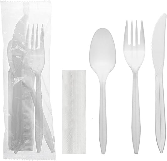 Party Essentials Individually Wrapped Plastic Cutlery Packets/Silverware Kits, White Fork/Spoon/Knife/Napkin, 50 Sets