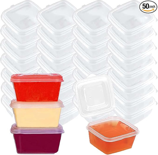 50 Sets 1 2/3 oz Square Shaped Jello Shot Cups with Lids, Small Condiment Containers, Disposable Portion Cups, Plastic Souffle Cup, Mini Sample Tasting Cups, Dipping Sauce Cup To Go Bowls, Clear