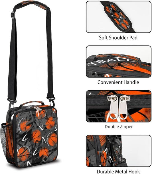 Basketball Sport Lunch Box Kids Insulated Lunch Bag for Boys Girls, Reusable Waterproof Lunch Box with Adjustable Shoulder Strap Cooler Tote Bag for School, Work, Picnic