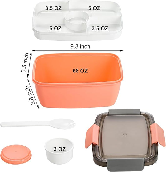 Youeon 3 Pcs 68 Oz Salad Lunch Container with 4 Compartment Tray, Bento Lunch Box with Spoon & Dressing Cup, Leakproof Salad Container for Lunch, Toppings, Snacks, Fruits, BPA-Free