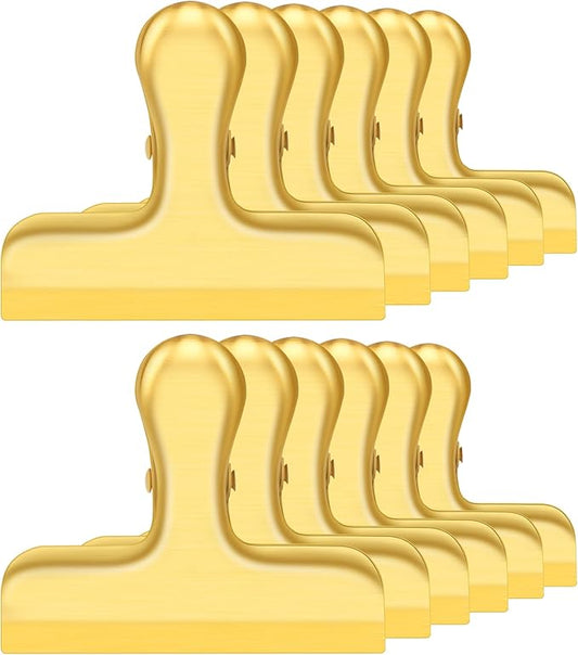 12 Pack Gold Chip Clips, Bag Clips for Food, Chip Clips Bag Clips Food Clips, Stainless Steel Food Clips for Bag, Heavy Duty Kitchen Snack Bag Clips