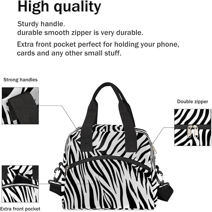Pardick Animal Zebra Black White Insulated Lunch Bag for Women Men Adult Tote with Shoulder Strap Reusable Box Large Containers Thermal Cooler Work School Picnic Lightweight Handbag