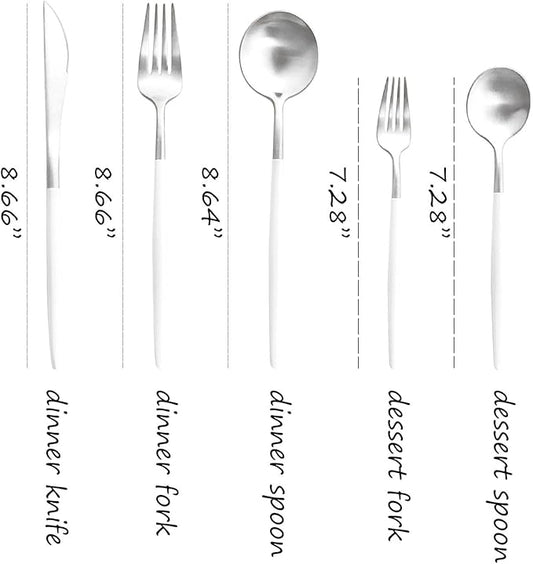 Matte Silverware Set, 10-Piece 18/10 Stainless Steel Satin Finish Flatware Set Service for 2, Kitchen Utensil Set, Tableware Cutlery Set for Home Restaurant (White Handle Silver, 10-Piece)