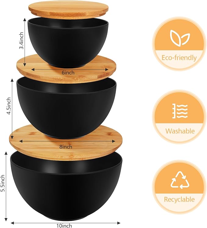 ShineMe Salad Bowl Set of 3, Natural Bamboo Fiber Salad Serving Bowls with Lids,Mixing Bowl for Preparing and Serving Salad, Cereal, Fruit, Veggies, Popcorn,Chips & Bread(10",8",6")