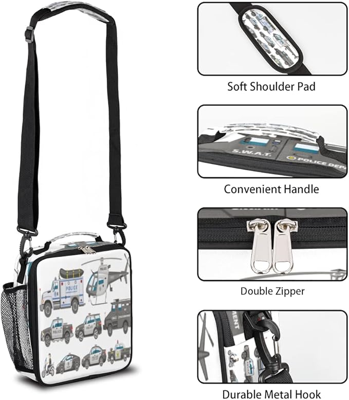 Police Car Lunch Box Kids Insulated Lunch Bag for Boys Girls, Reusable Waterproof Lunch Box with Adjustable Shoulder Strap Cooler Tote Bag for School, Work, Picnic