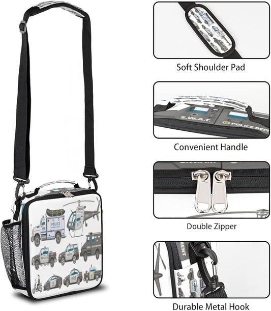Police Car Lunch Box Kids Insulated Lunch Bag for Boys Girls, Reusable Waterproof Lunch Box with Adjustable Shoulder Strap Cooler Tote Bag for School, Work, Picnic