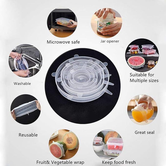 Flexible Silicone Stretch Lids Round Reusable Food Covers For Bowl Cup Dish Silicone Food Wrap Food Grade 6pcs (Clear)