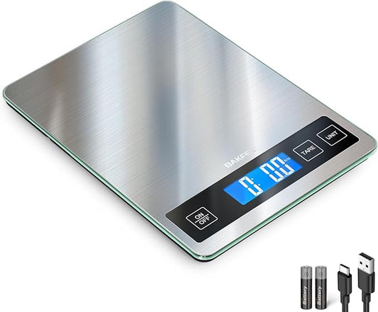 33LB Digital Kitchen Scale with Tempered Glass and Stainless Steel Surface, USB Rechargeable, 1g/0.1oz Food Scale for Baking, Making Sourdough Bread, Meal Prepping