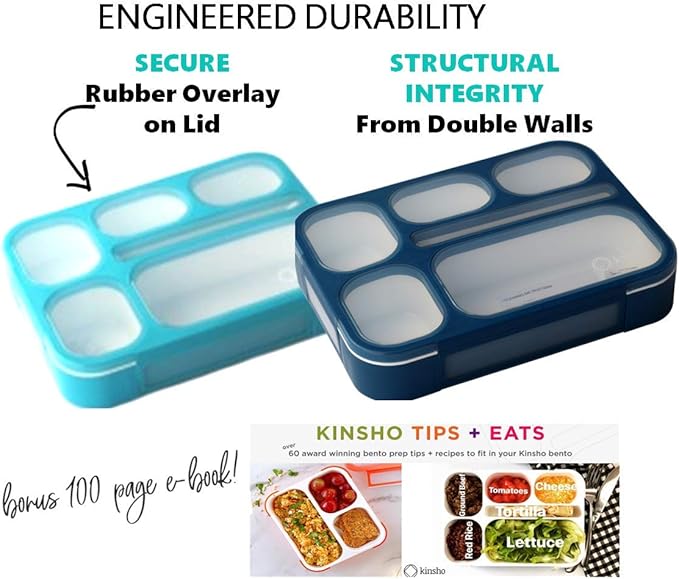 Bento-Box Lunch Boxes for Kids, Boys, Adults. Leakproof Lunch Set, Bentoboxes for School or Work. Portion Containers. BPA Free. 6 Compartments. Fork & Spoon. Blue & Navy Blue Large