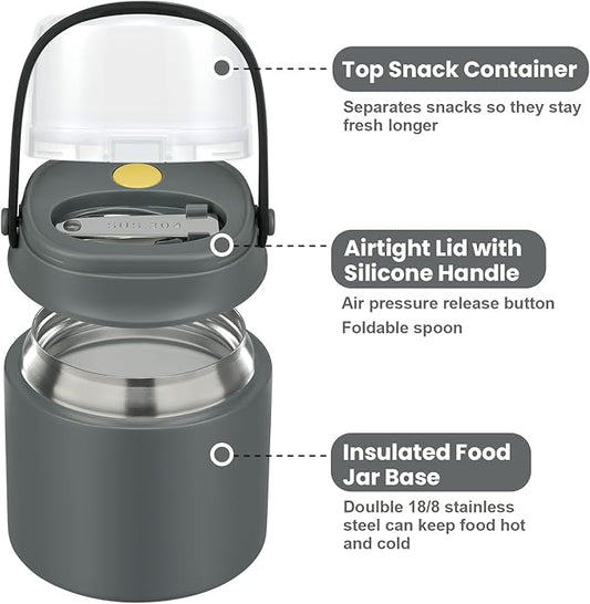 2-In-1 Soup Thermo for Hot Food Kids, 15 Oz Insulated Food Container and a Snack Box, Wide Mouth, Leak Proof, Stainless Steel Spoon, Dishwasher Safe Food Thermo Set for School, Work, Travel, Gray