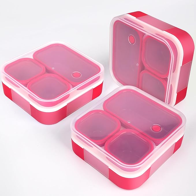 Genteen Small Kids Snack Containers for School 3 Compartment Travel Snack Containers with Dividers Portion Control Lunch box for Kids with Leak-proof Lids BPA Free (Pink)