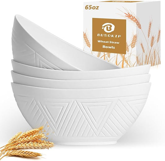 65 OZ Big Bowl Set - Wheat Straw Bowls Unbreakable Salad Bowls Set of 4, Plastic Bowl Reusable for Kitchen, Camping, Party, Popcorn, Microwave & Dishwasher Safe Bowl (White)