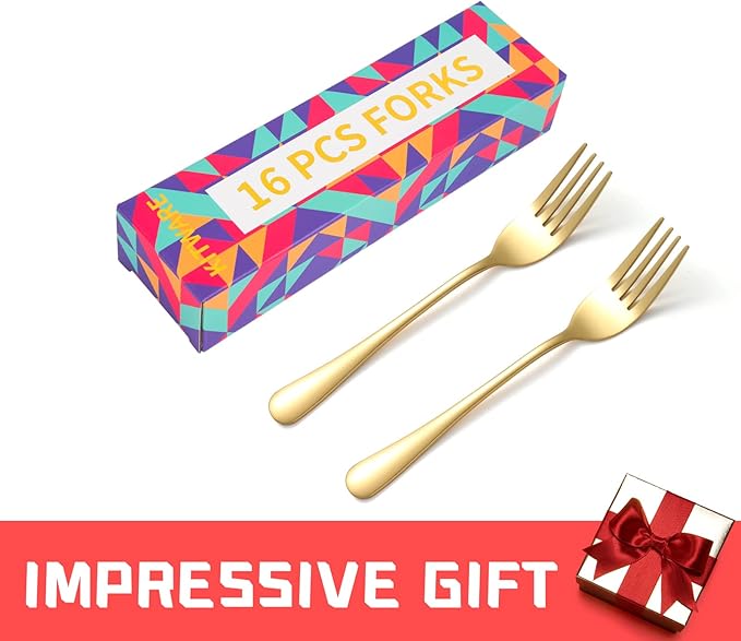 Gold Dinner Forks, 16 Piece Stainless Steel Silverware Forks, Mirror Polished Tableware Fork Set, Home Kitchen Metal Fork, Restaurant Quality Cutlery Meal Fork for Daily Use
