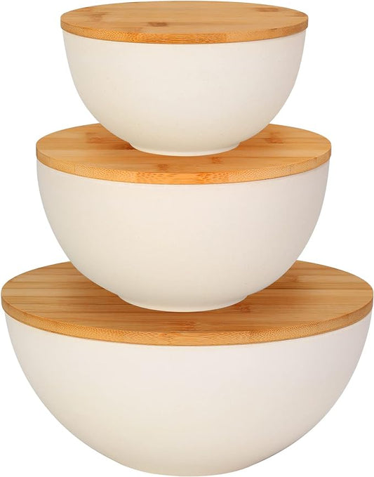 ShineMe Salad Bowl with Lid, Natural Bamboo Fiber Serving Bowls Set of 3 with Bamboo Wood Lids, Beige Mixing Bowls Set for Preparing, Storing and Serving Salad Fruit Chips Bread(10",8",6")