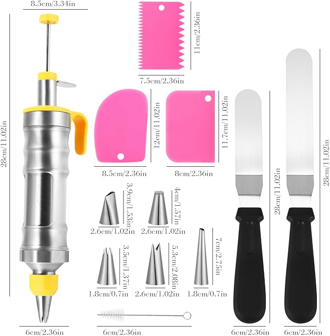 Icing Decoration Gun Set, Stainless Steel Dessert Decorating Syringe Set, Cupcake Frosting Filling Injector with 6 Icing Nozzles, 3 Cream Scraper, 2 Offset Spatula, 2 Nozzle Brush for Kitchen Baking