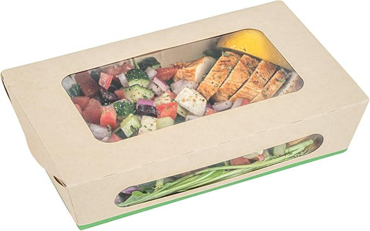 Restaurantware-Sustain 35 Ounce Sturdy Paper Take Out Boxes, 50 Disposable Take Out Food Containers - With PLA lining, Two Clear PLA Windows, Bamboo Paper Containers, Compostable, Tab-Lock Design