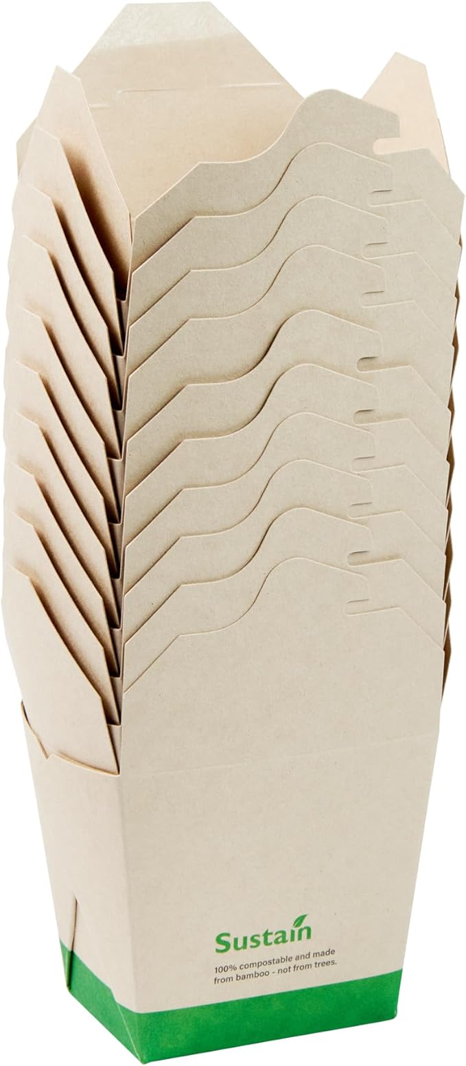Restaurantware Sustain 16 Ounce Sturdy Paper Take Out Boxes, 50 Disposable Take Out Food Containers - With PLA lining, Compostable, Bamboo Paper Containers, Built-In Tab-Lock Cover, Greaseproof