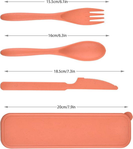 Travel Cutlery Set with Case, Portable Dark Wheat Straw Silverware Utensils Set for Adults, Tableware Camping Utensils for Kitchens Travel Picnic Camping or Daily Use (Dark orange)