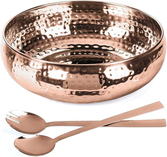Copper Salad Bowl and Serving Utensils - Hammered Detailing - Stainless Steel Mixing Bowls with Lids- Luxurious Serving Bowls (12" Rose Gold Hammered Salad Bowl)