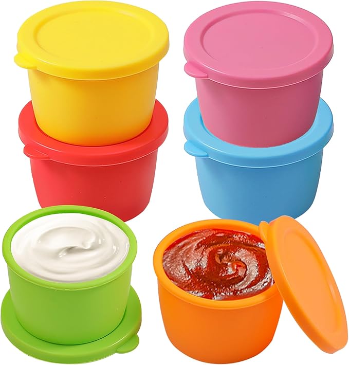 KOLUTI Nonstick Silicone 2.4oz Salad Dressing Container To Go, 6 Pack Small Sauce Storage Box for Lunch Bento, Leak-proof Condiment Portion Cup with Lid, BPA Free, Dishwasher & Microwave & Oven Safe