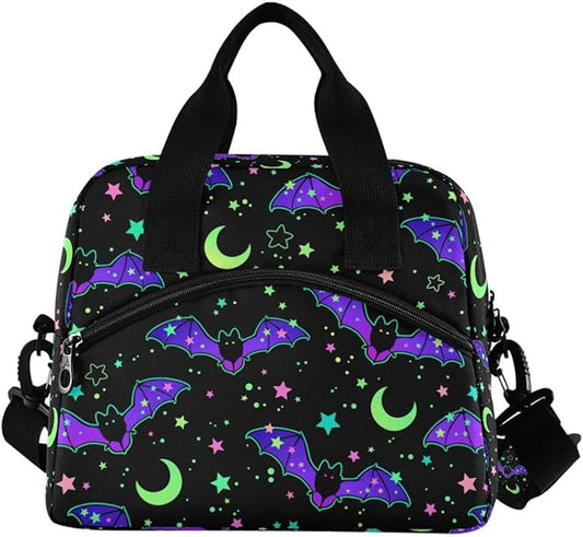 MNSRUU Insulated Lunch Bag with Adjustable Shoulder Strap - Magic Galaxy Bat Lunch Box Tote for Work, School