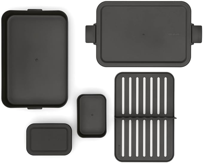 Brabantia Make & Take Bento Lunch Box (Dark Gray) 2 Compartments & Lidded Pot, Lift-Out Tray Divider, BPA-Free, Airtight Snap Locks, Microwave & Freezer Safe, Travel Meal Prep Container