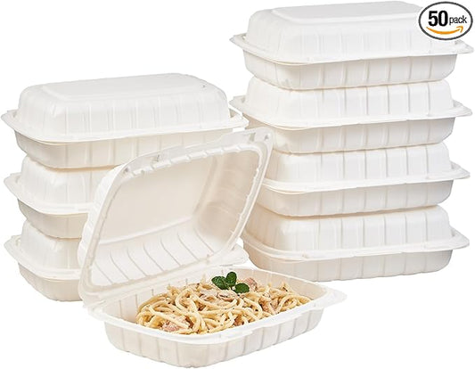FULING [9x6-Inch, 50-Pack Clamshell Plastic Food Container With Lid 1 Compartment
