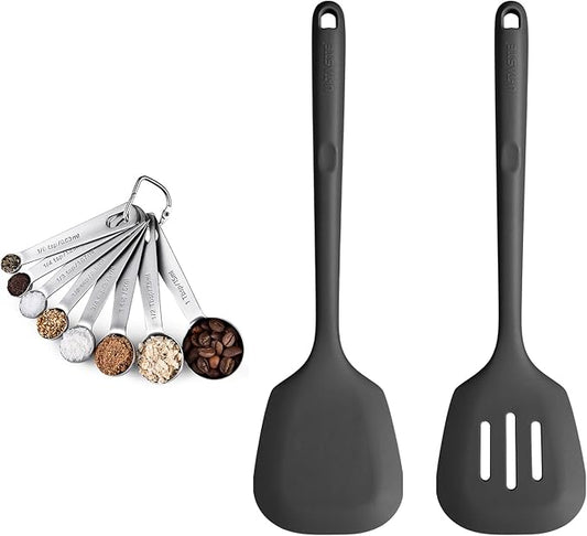 18/8 Stainless Steel Measuring Spoons Set for Dry and Liquid Ingredients (Set of 8), and 600℉ Heat Proof Long & Wide Silicone Solid & Slotted Turner Set of 2 for Egg, Pancake (Black)